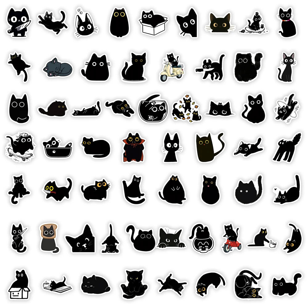 Funny Black Cat Cartoon Stickers DIY Waterproof Decals for Scrapbook Diary Junk Journals Laptop Phone Luggage Bottles Decoration