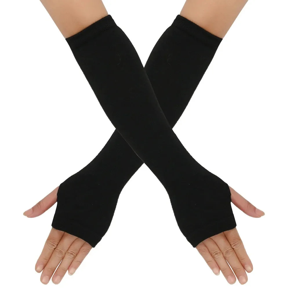Long Knitted Fingerless Elbow Gloves with Striped Design