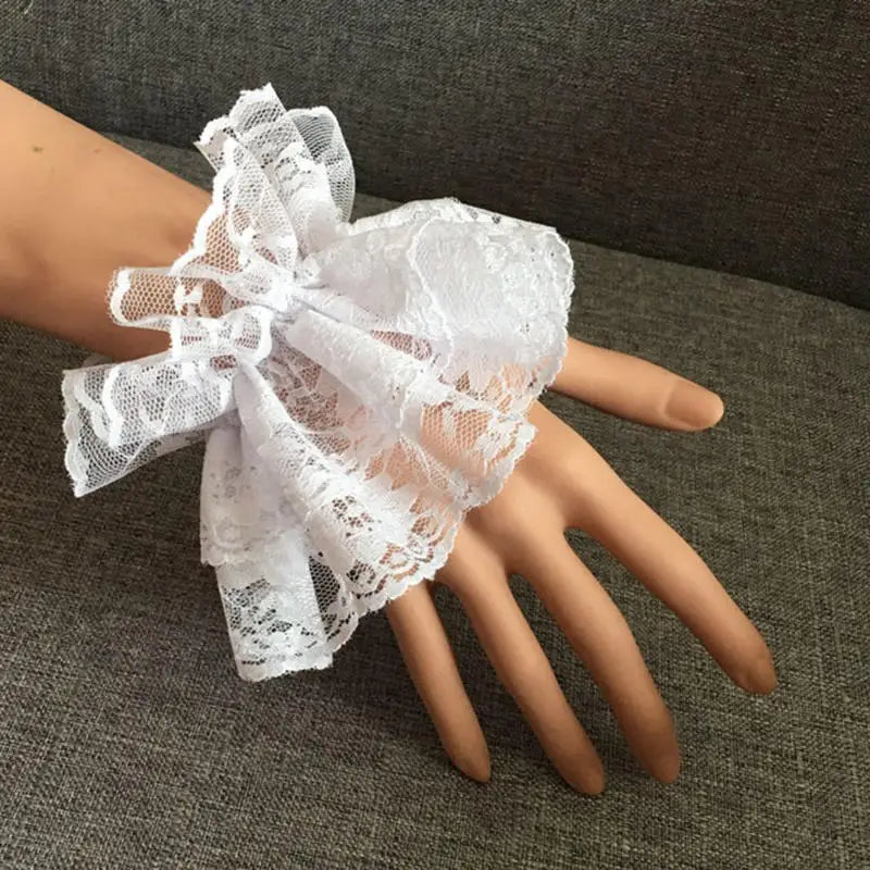 Black Lace Ruffle Wrist Cuffs with Floral Detail