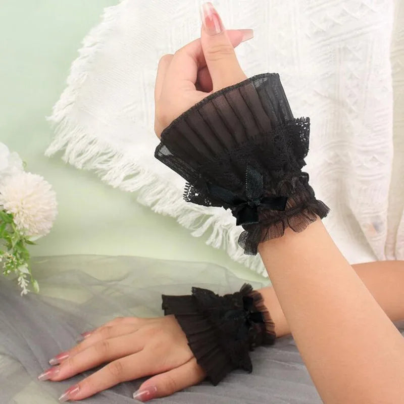 Gothic Lace Wrist Cuffs with Bow Detail for Costumes