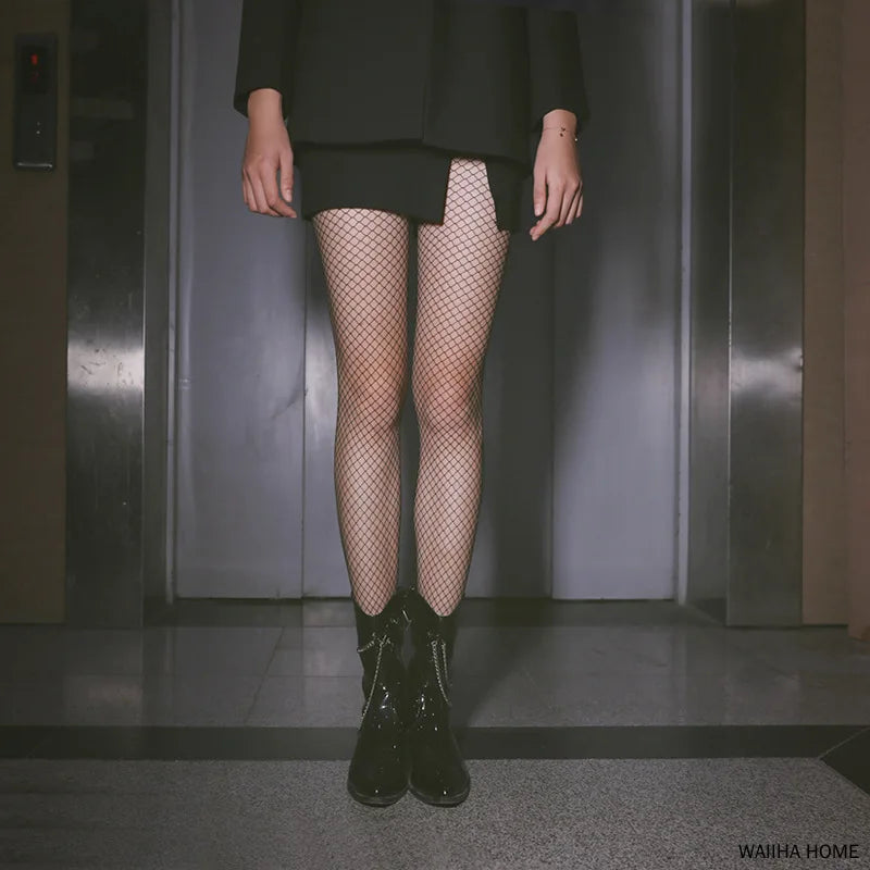 Black Fishnet Over Knee Stockings with Lace Detail