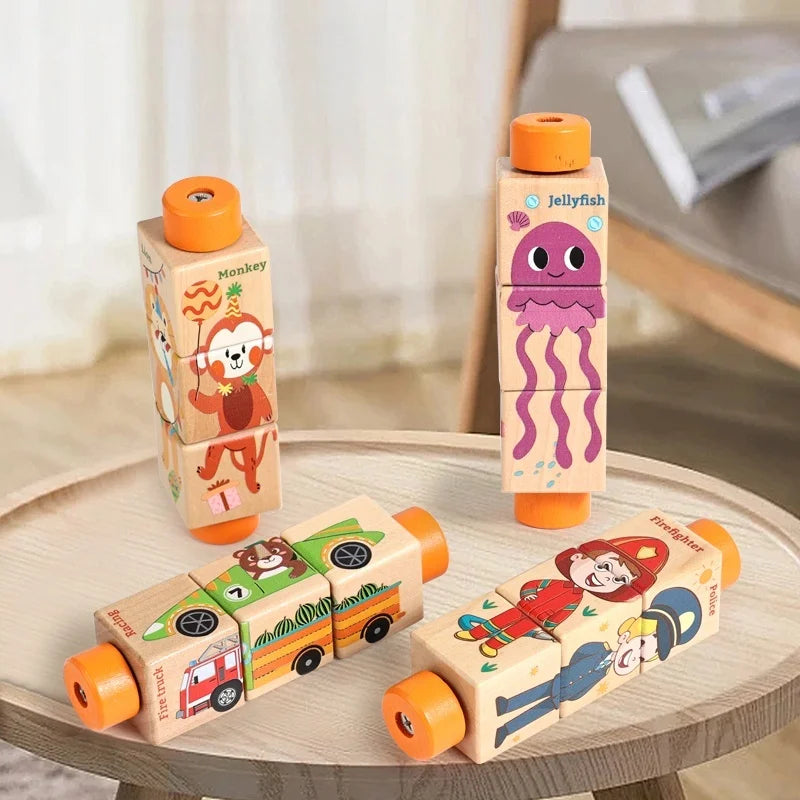 Baby Wooden Rotating Jigsaw Puzzle Hand Bell Toy Baby Mobile Musical Rattle Toy Montessori Puzzle Game For Babies Newbaby Gift