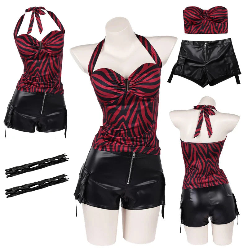 Women’s Zebra Print Punk Cosplay Costume with Cargo Shorts