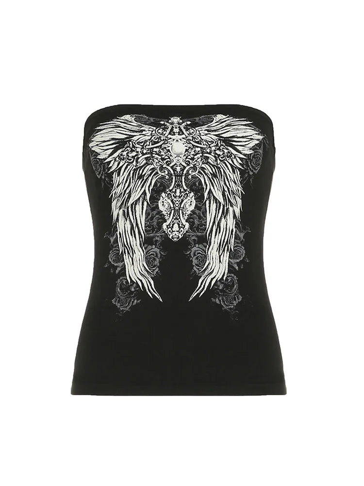 Gothic Print Black Strapless Tube Top Women Skinny Cropped Summer Casual Chic Graphic Tee Y2K Streetwear Basic Vest