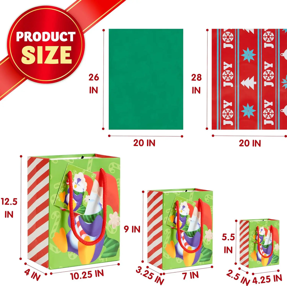 36 Pcs Christmas Bags with Tissue Papers and Tag, Assorted Sizes Set for Wrapping Xmas Holiday Presents, Thanksgiving Gift Decoration, Present Wrapping, School Classrooms, Party Favors