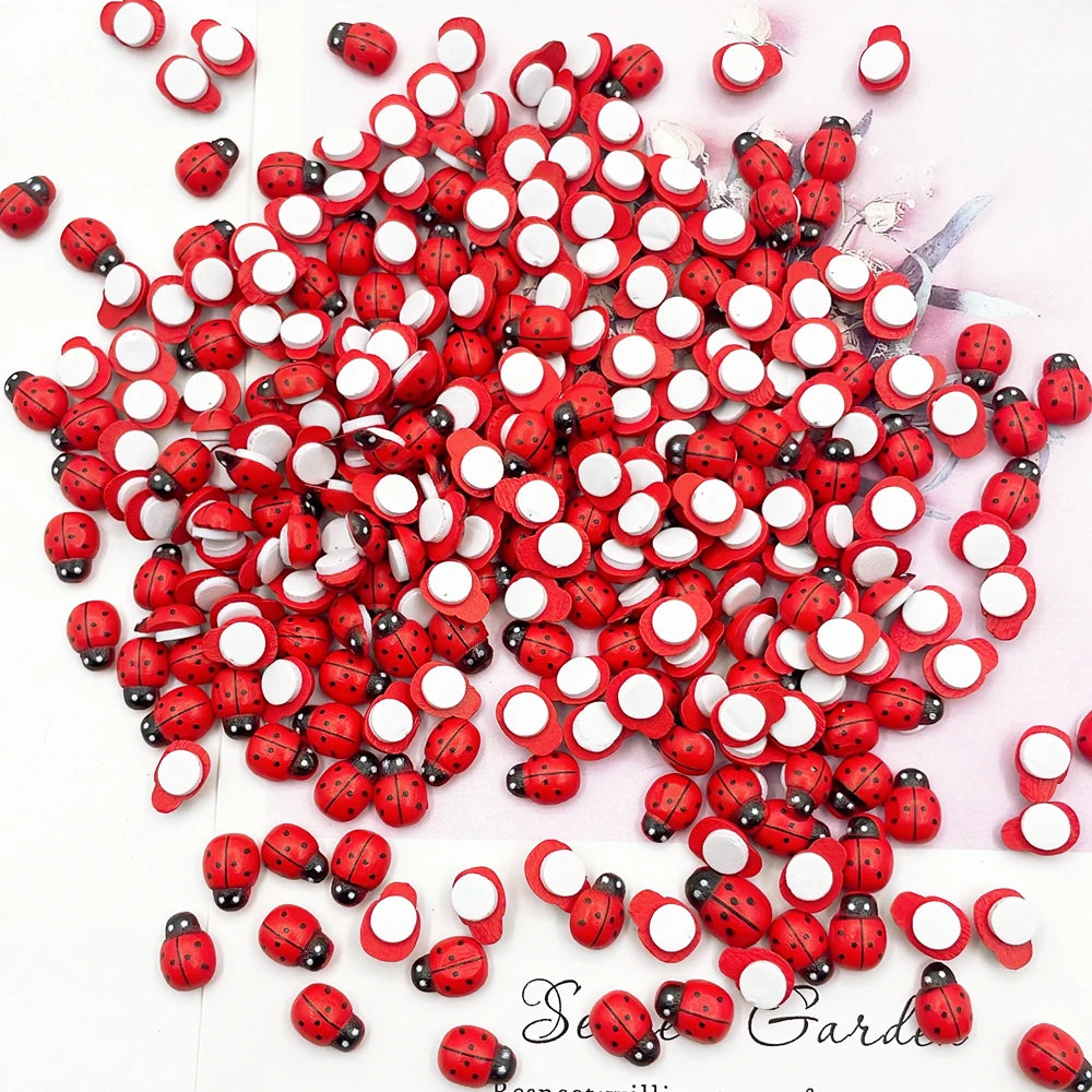 100pcs Wooden Mini Ladybugs Stickers, 8x11mm Self Adhesive Red Painted DIY Craft Scrapbooking Home Garden  Party Decoration