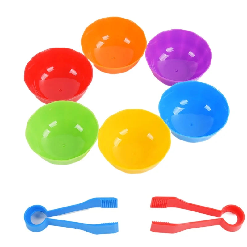 Children Classification Cups Counting and Sorting Toys Set Rainbow Colors Plastic Bowls Tweezers Fine Motor Skill Learning Toys