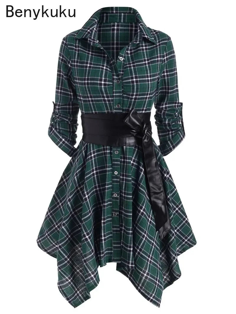 Women Red Plaid Belted Roll Tab Sleeve Handkerchief Dress Grunge Gothic Casual Dresses Vestidos Button Up Long Sleeve Streetwear