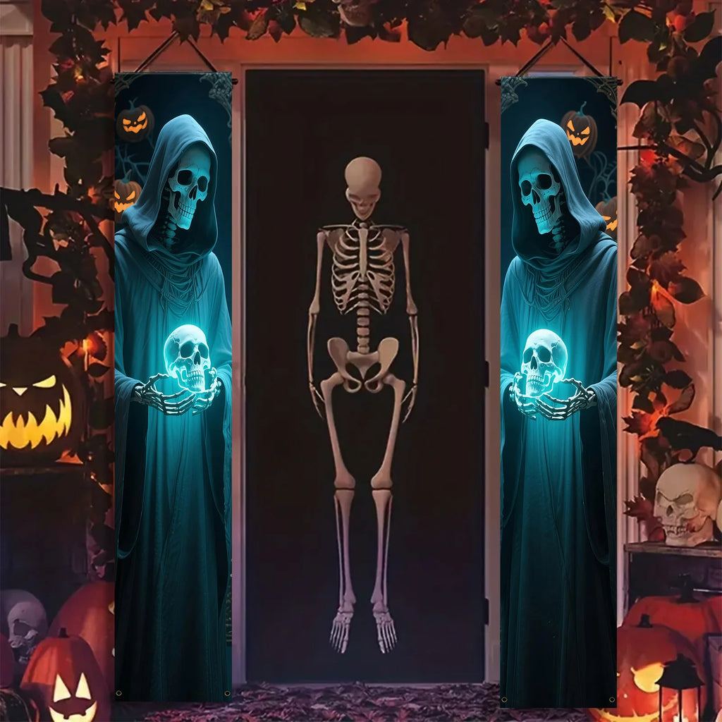 A pair of Halloween decorative banners made of polyester, featuring a skull figure design and door and wall decorations