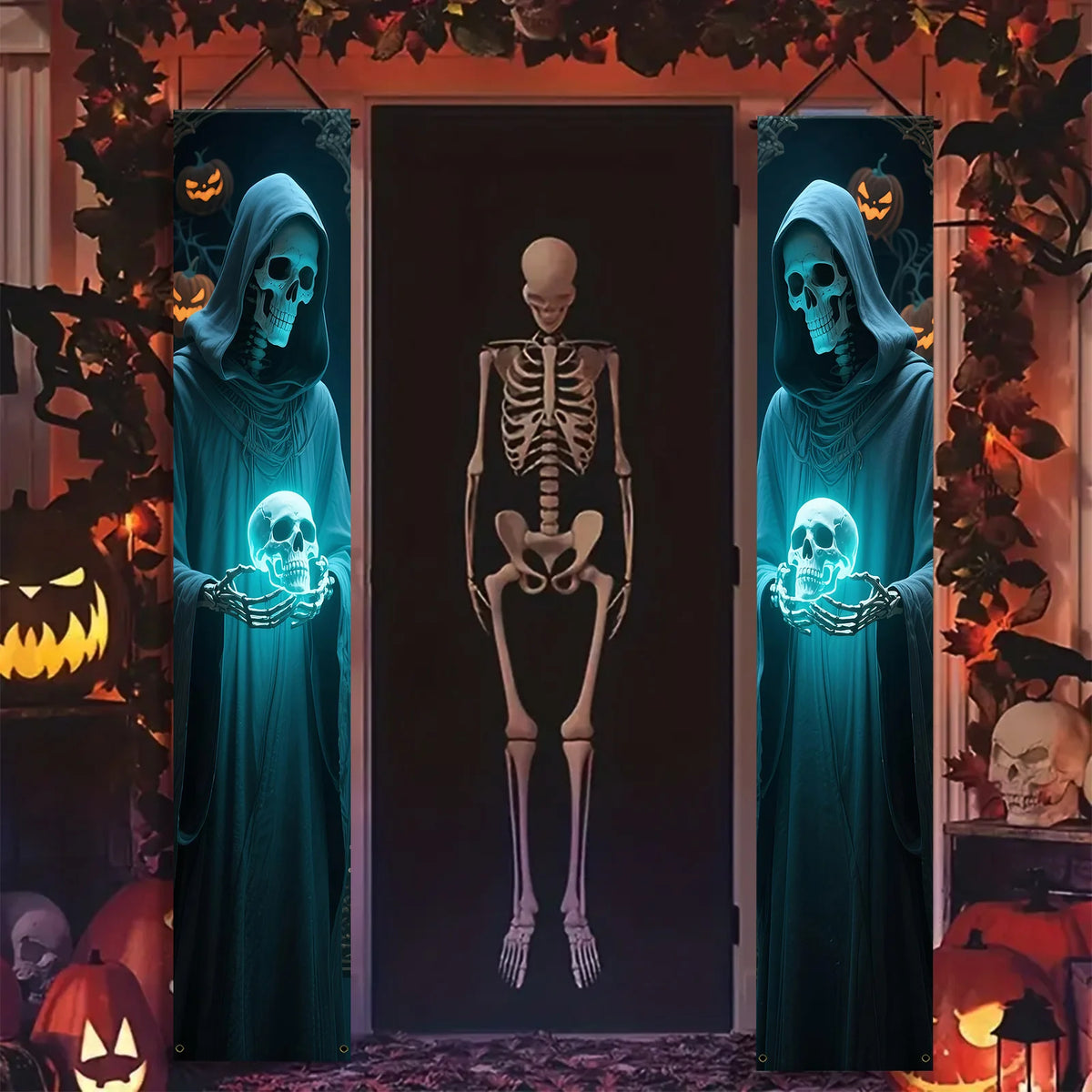 A pair of Halloween decorative banners made of polyester, featuring a skull figure design and door and wall decorations
