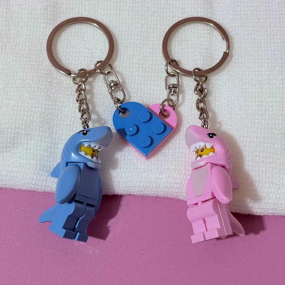 2-Piece Shark Heart Keychain Set Pink & Blue Building Block Design