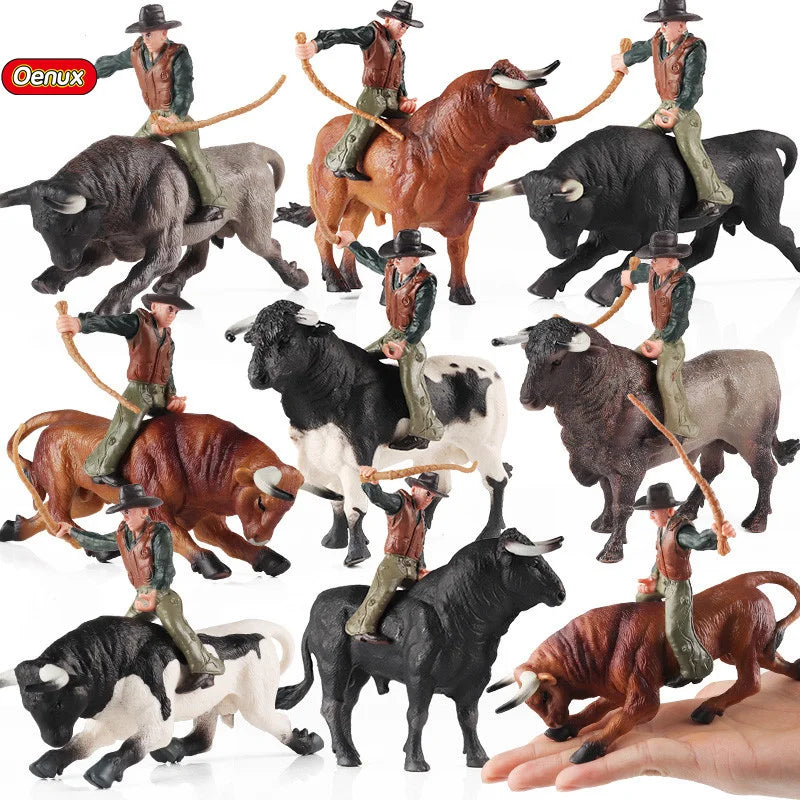 Oenux Farm Animals Bullfighting Cowboy Simulation Poultry Cattle Calf Bull OX Action Figures Collection Pvc Model Toy Kids Gift
