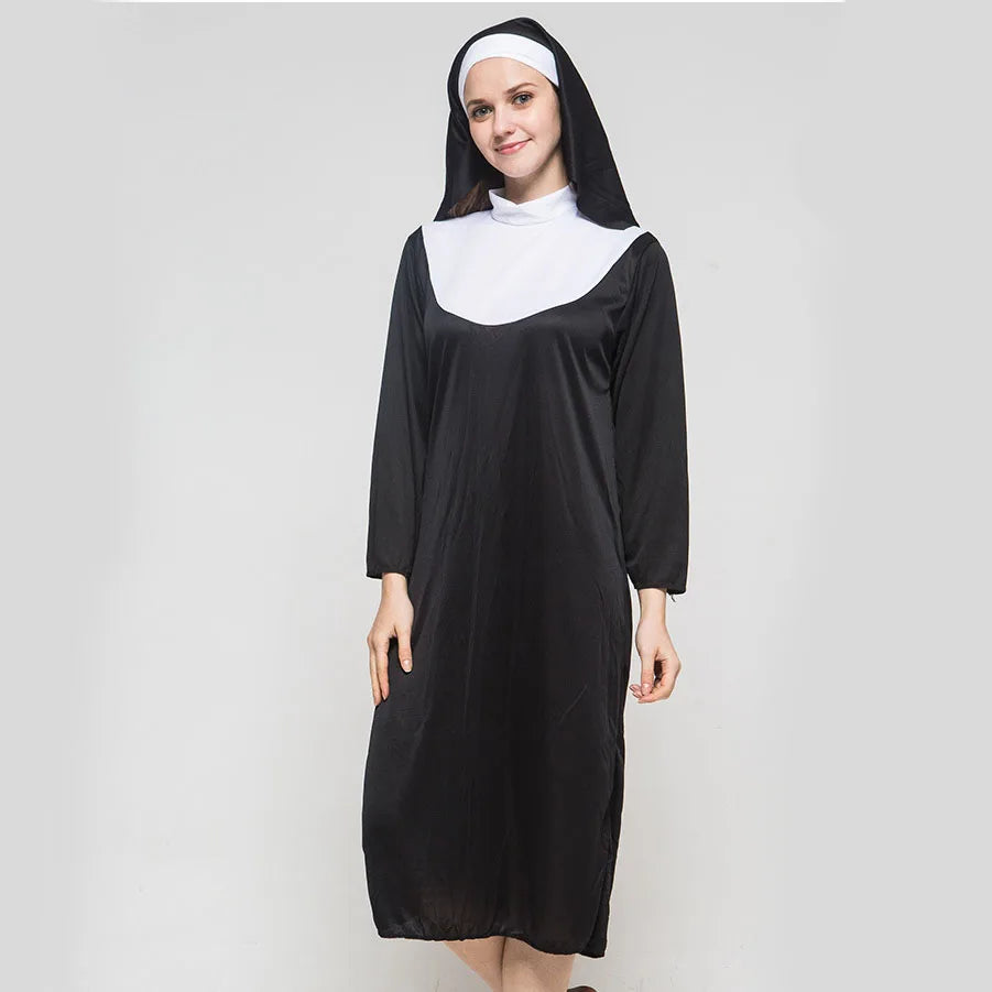 Women’s Traditional Nun Costume Black Robe for Halloween