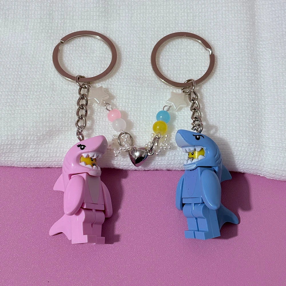 2-Piece Shark Heart Keychain Set Pink & Blue Building Block Design