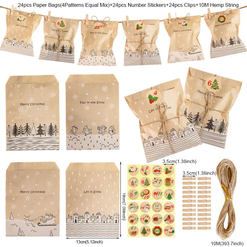 24 Sets Vintage Christmas Kraft Paper Bags Let it Snow Candy Treat Bag with Stickers Advent Calendar Xmas Party Favor Gift Pouch