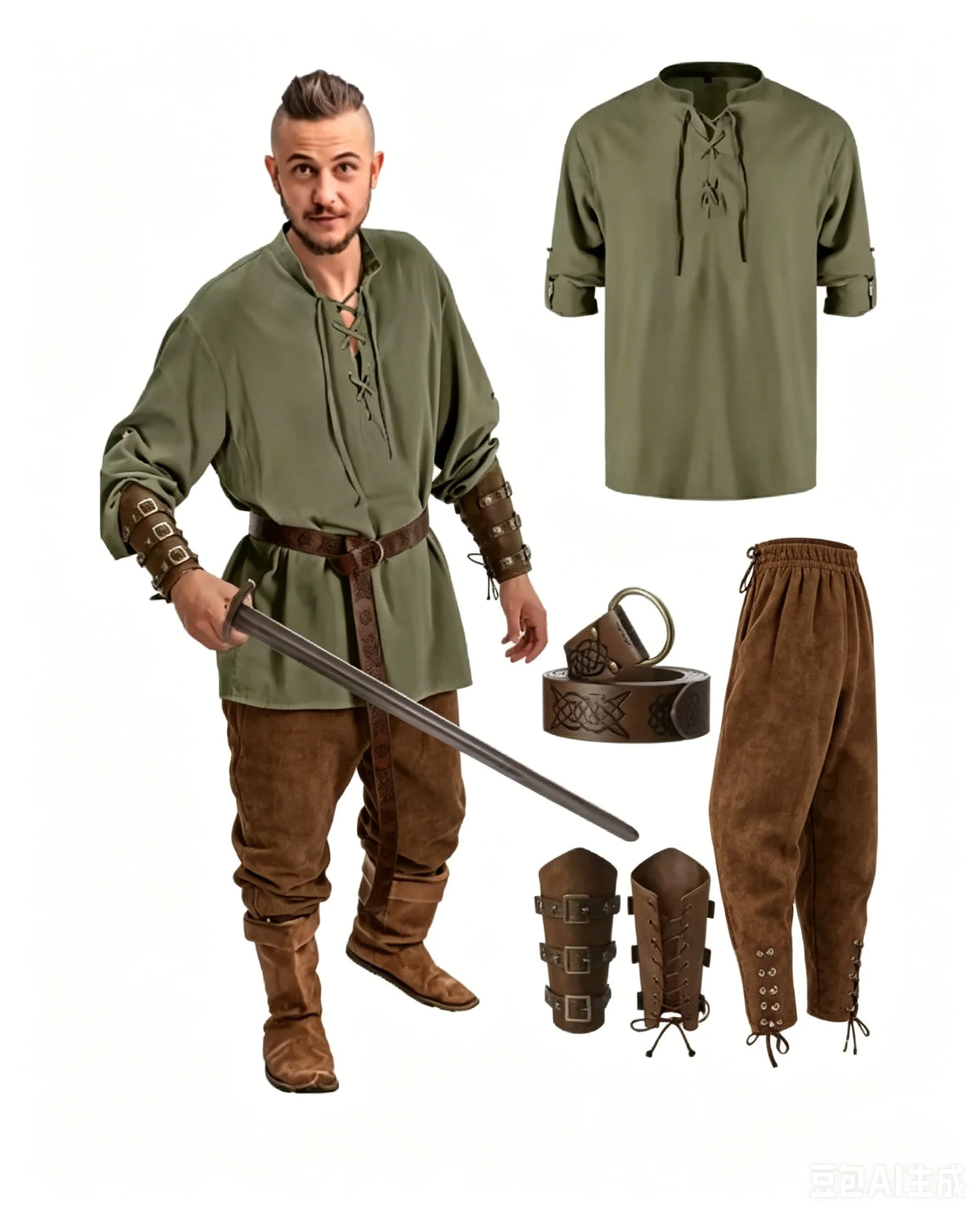 Men's Renaissance Costume Set with Shirt, Pants & Belt