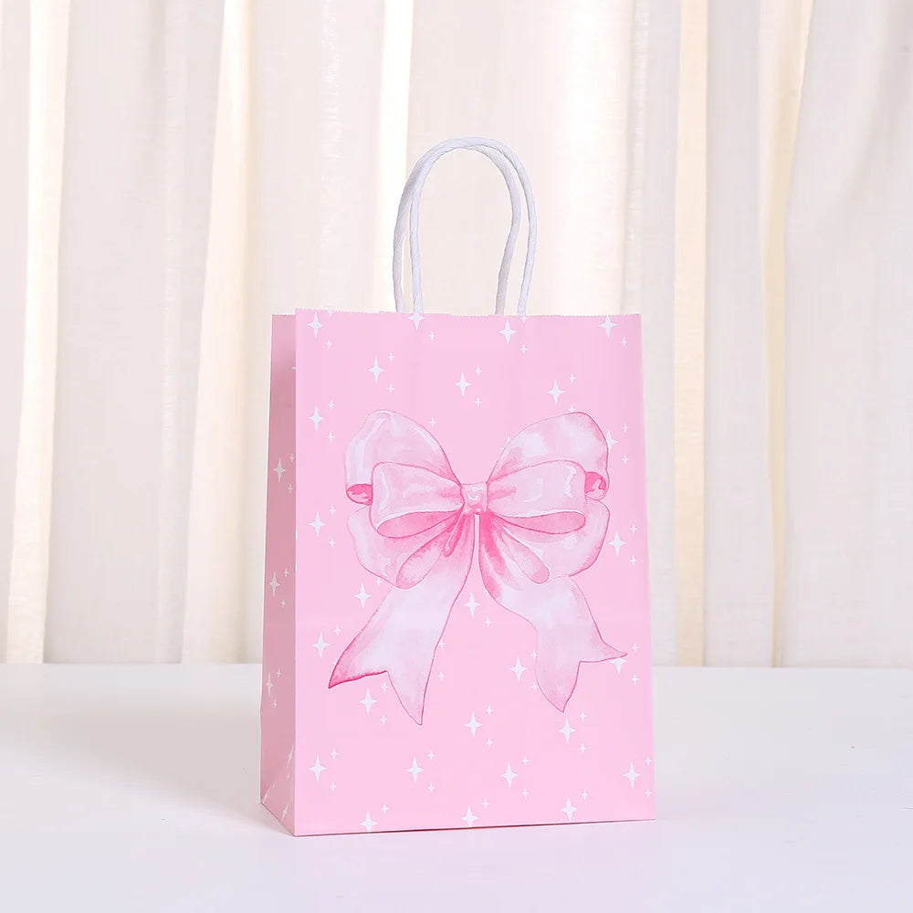 6/12/24/48pcs Pink and White Bow Paper Gift Bags Birthday Favor Bags with Handles Candy Bags Baby Shower Wedding Party Supplies
