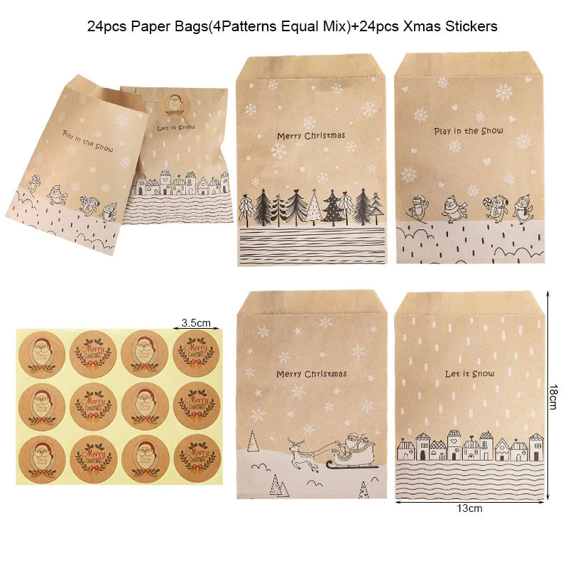 24 Sets Vintage Christmas Kraft Paper Bags Let it Snow Candy Treat Bag with Stickers Advent Calendar Xmas Party Favor Gift Pouch