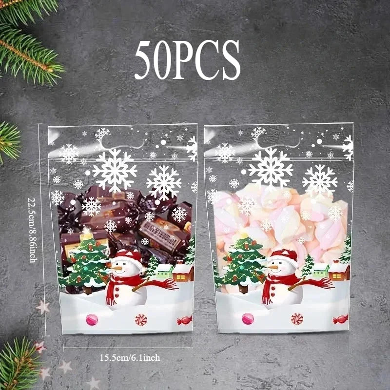 50pcs Christmas Snowman Transparent Candy Bag Gifts Cookie Baking Packaging Bags Xmas Winter Party Decoration New Year