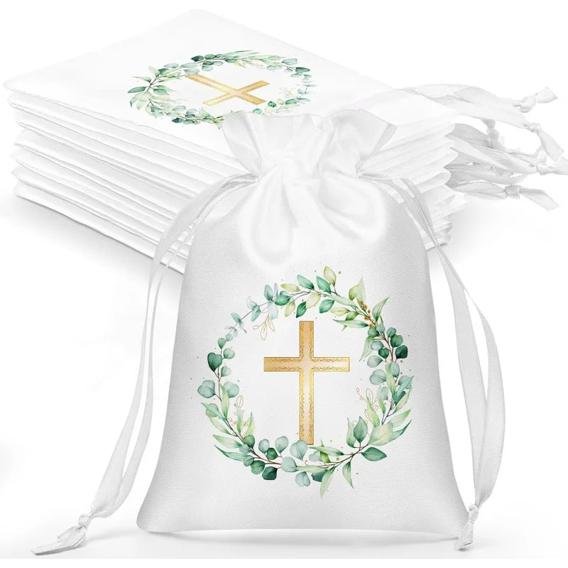 10 Pcs Baptism Satin Gift Bags with Drawstring 4 X 6 Inch Religious Gift Bags for Baptism First Communion Party Favor