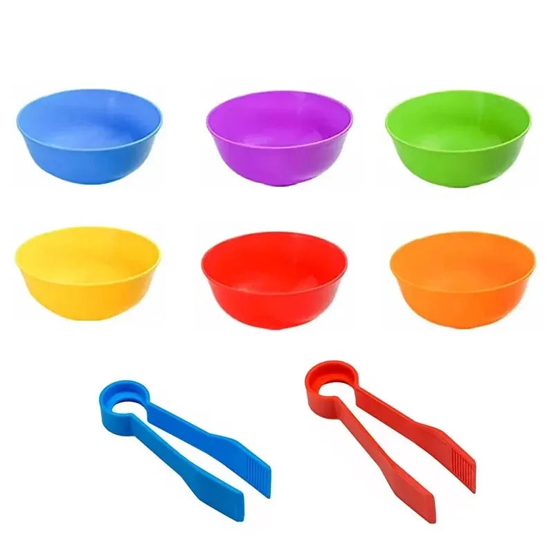 Children Counting and Sorting Toys Pom Poms Rainbow Colors Plastic Bowls Tweezers Fine Motor Skill Children Learning Toys
