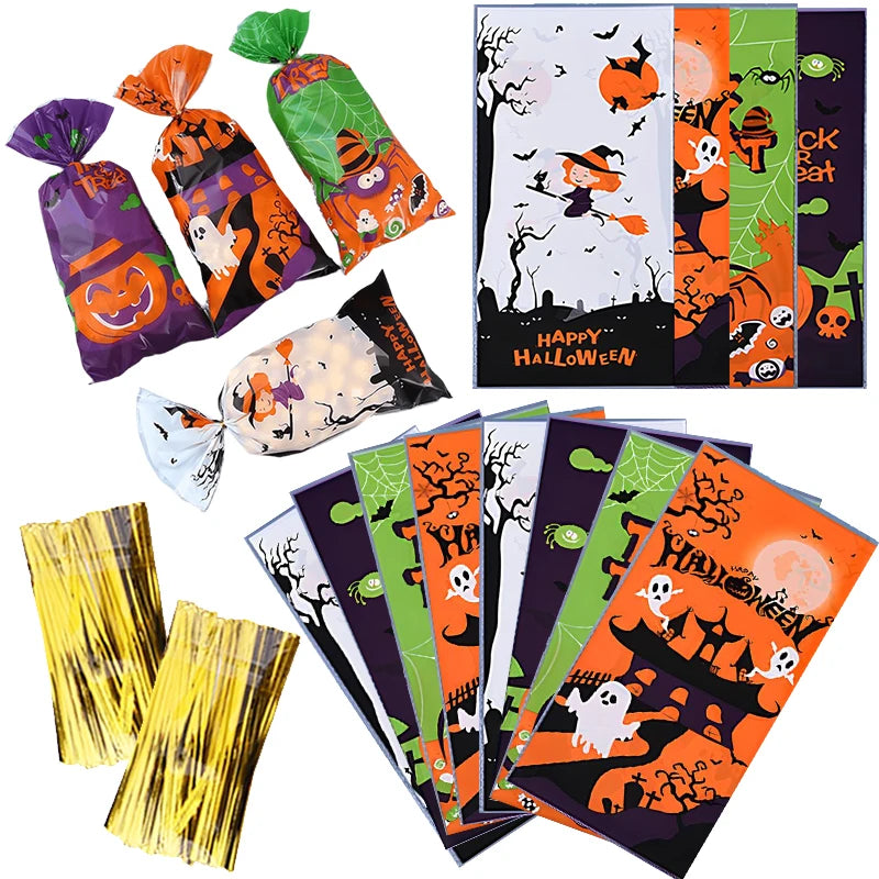 50/100PCS Treat Bags Pumpkin Ghost Bat Plastic Candy Bags with Twist Ties Halloween Party DIY Decoration Gift Packaging Bags ZYF