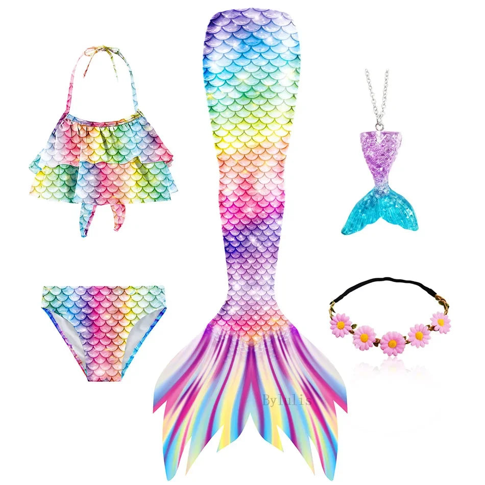 Girls Mermaid Tail Swimsuit Costume with Optional Monofin