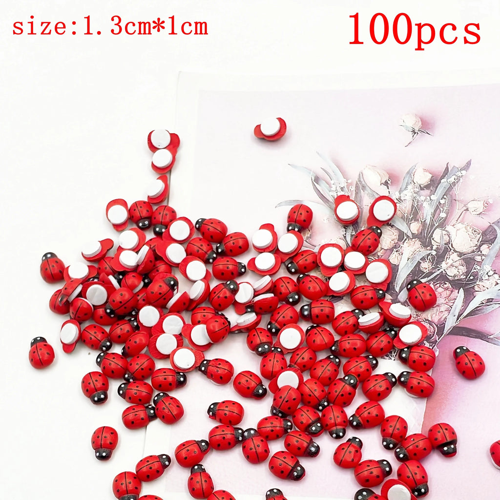 100pcs Wooden Mini Ladybugs Stickers, 8x11mm Self Adhesive Red Painted DIY Craft Scrapbooking Home Garden  Party Decoration