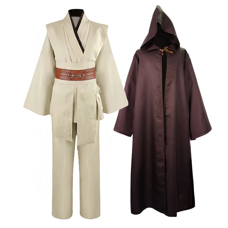 Men's Jedi-Inspired Robe Tunic Costume with Hooded Cloak