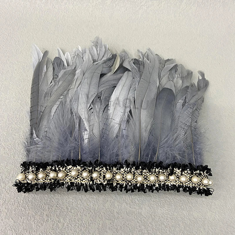 Natural Feather Wrist Cuffs Elegant Fur Sleeve Arm Accessories Gothic Halloween Cosplay Feather Gloves Pearl Arm Cuff 2pcs