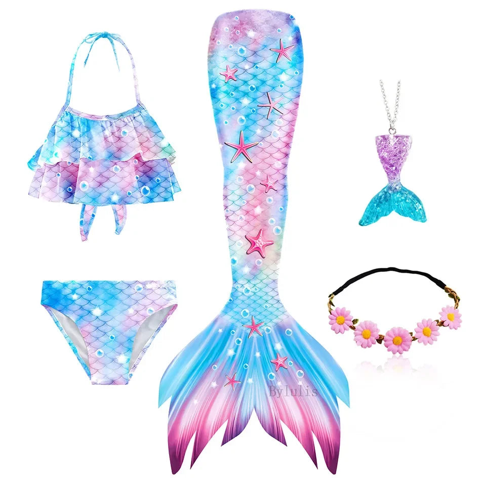 Girls Mermaid Tail Swimsuit Costume with Optional Monofin