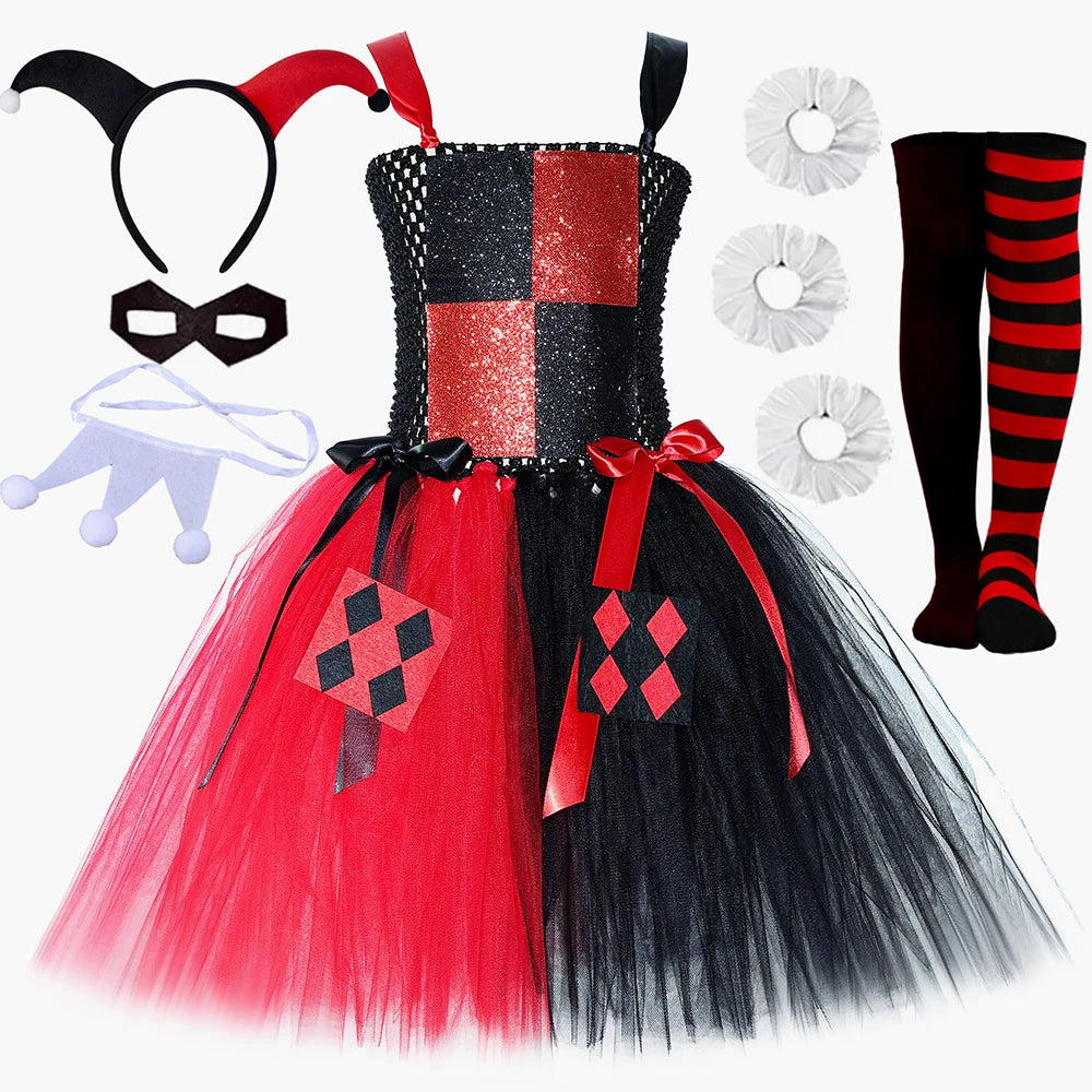 Girls Red Black Clown Costume Tulle Tutu Dress