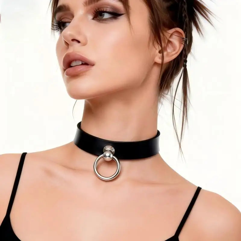 Punk PU Leather Choker with Pull Ring Chain Costume Accessory