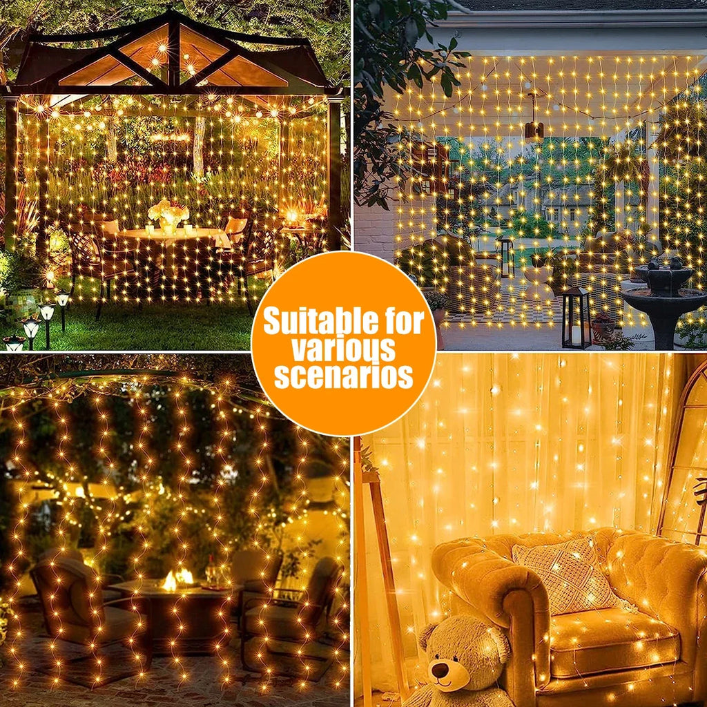 Outdoor Solar Curtain Light 3x3M 300Leds Holiday Decorations Garland 8 Modes Halloween Christmas Party Decor String Lights