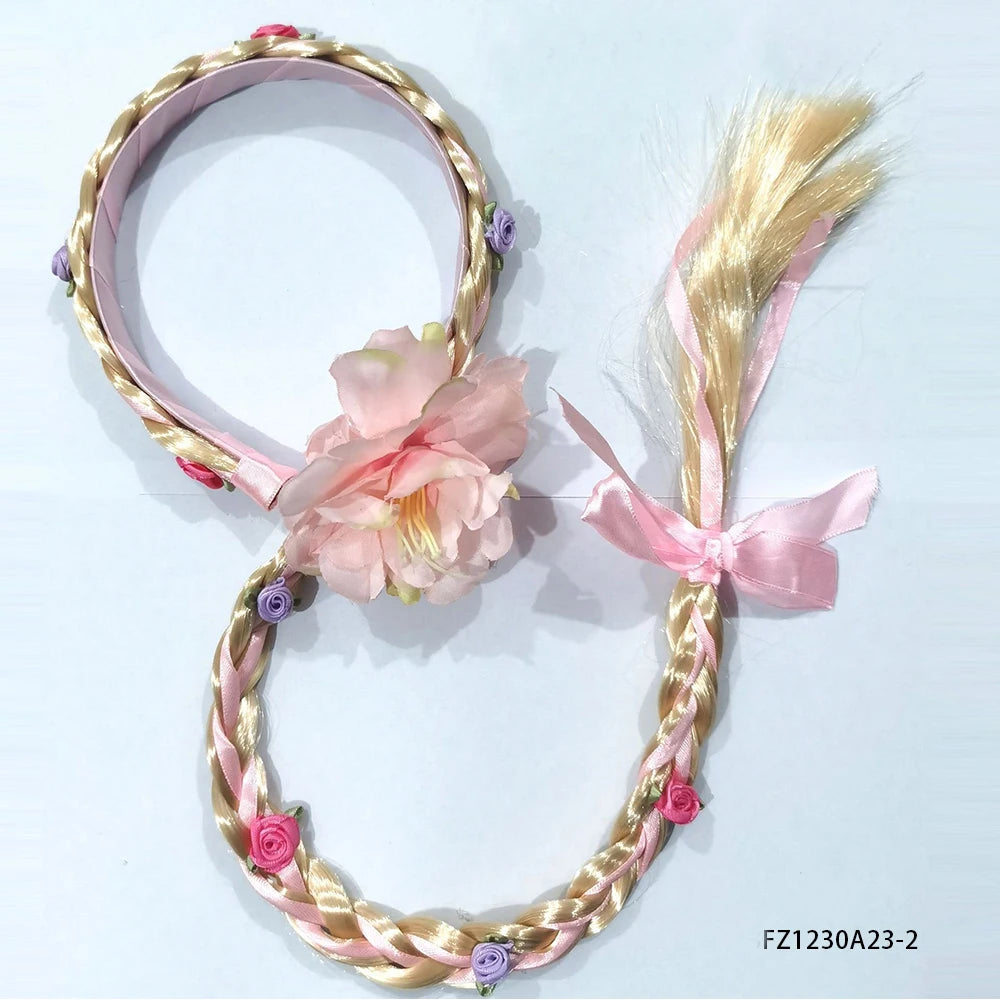 Long Braided Princess Wig with Floral Headband for Girls