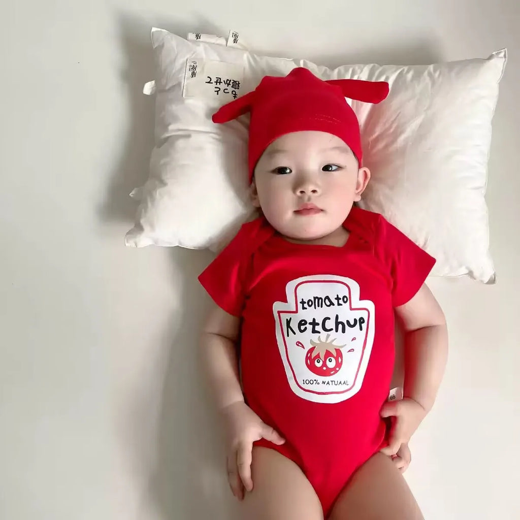 Infant Newborn Romper  Sauce Onesie with Hat Baby Bodysuit Cosplay Baby Twins Red Tomato Ketchup and Yellow Mustard Costume 0-2T