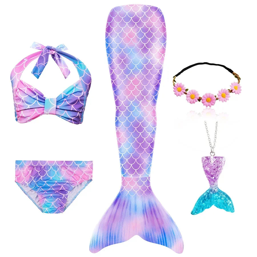 Girls Mermaid Tail Swimsuit Costume with Optional Monofin