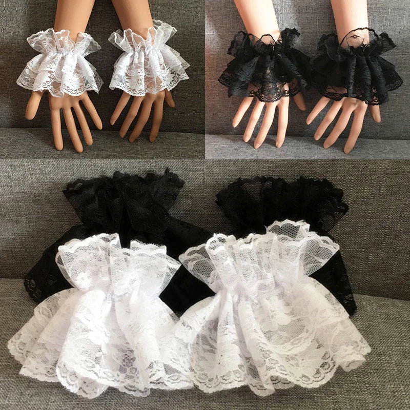 Black Lace Ruffle Wrist Cuffs with Floral Detail