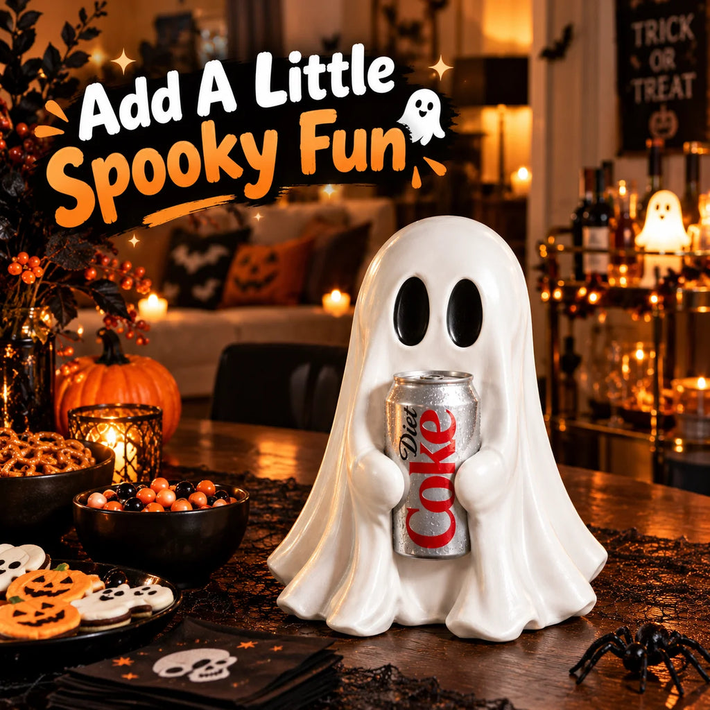 Cute Halloween Ghost Holding Soda Can, Funny Resin Figurine, Spooky Tabletop Decor for Desk Shelf Home Party Gift