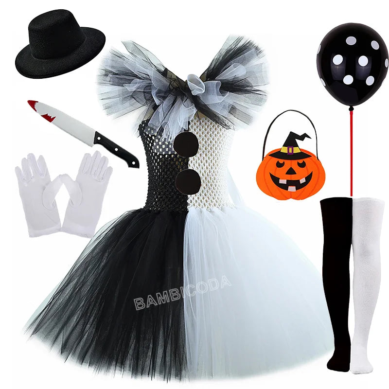 Girls Black White Horror Clown Tutu Dress Costume