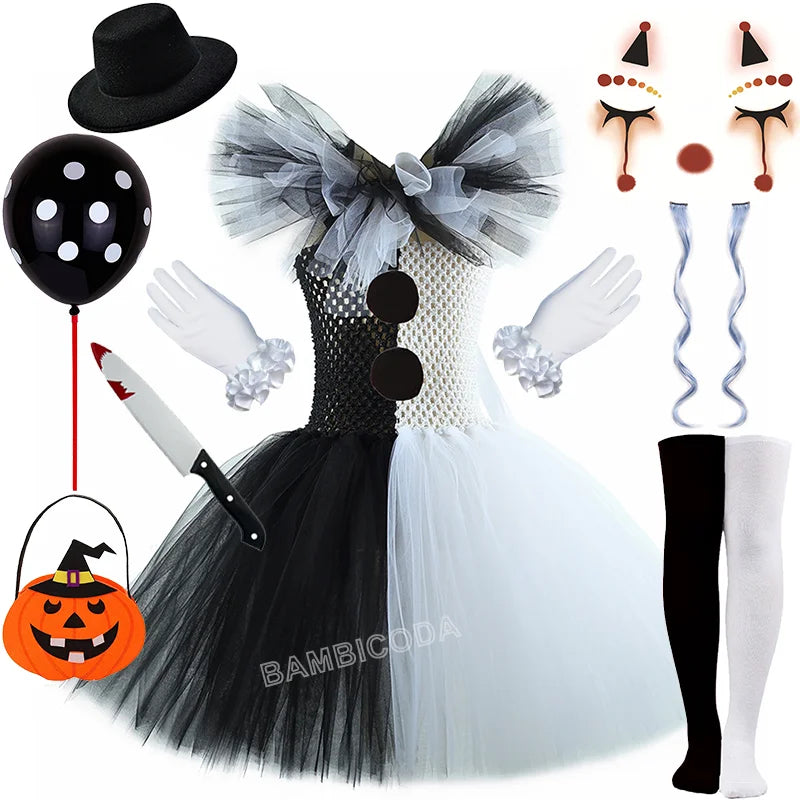 Girls Black White Horror Clown Tutu Dress Costume