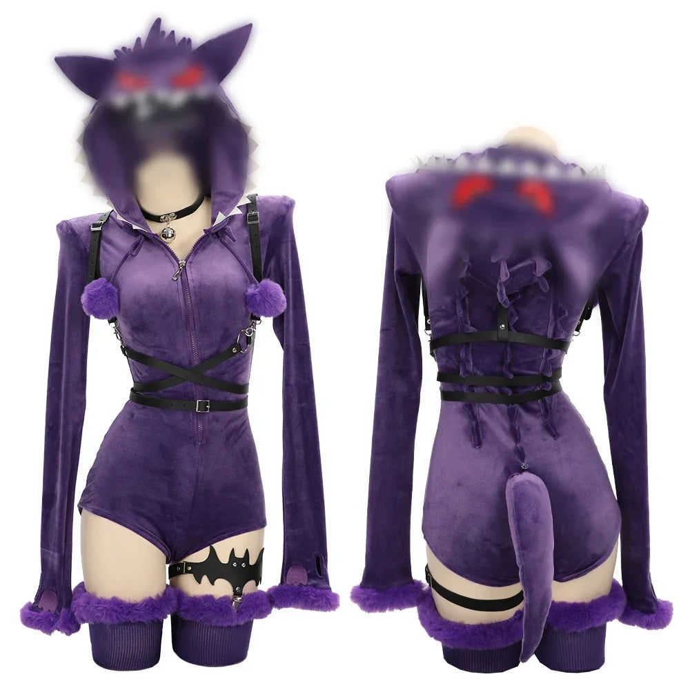Women’s Purple Ghost Romper Costume with Hood & Tail