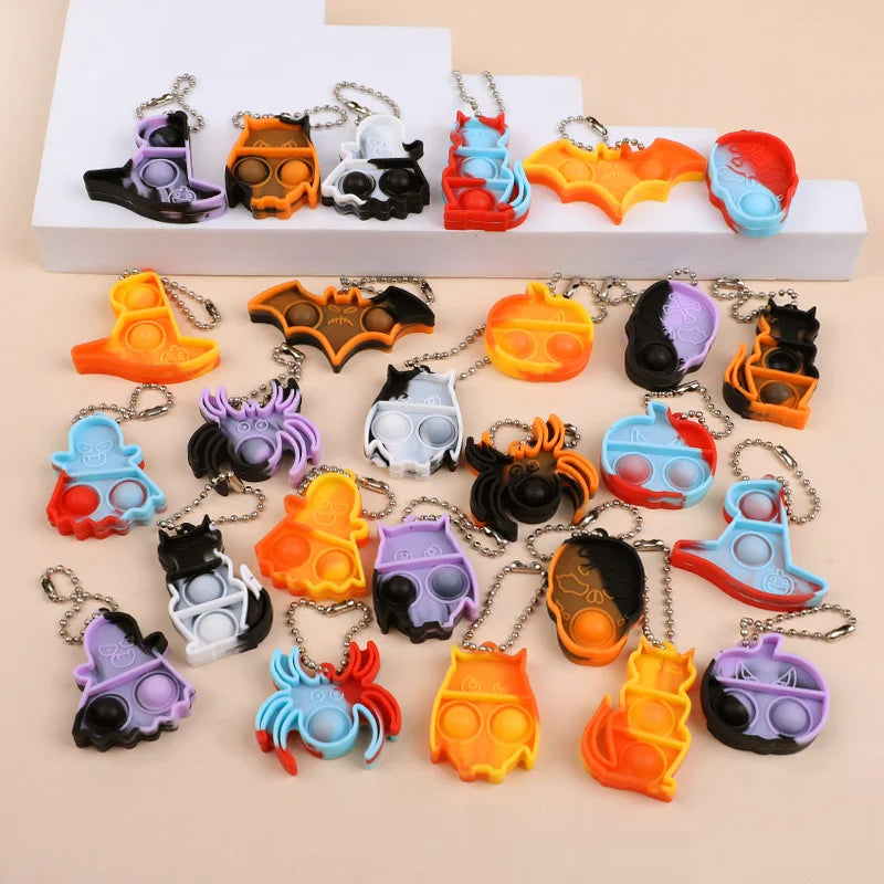 10/20/30Pcs Halloween Mini Pop Keychain Fidget Toys Pumpkin Spider Ornaments Kids Halloween Party Favors Supplies Adult Gifts