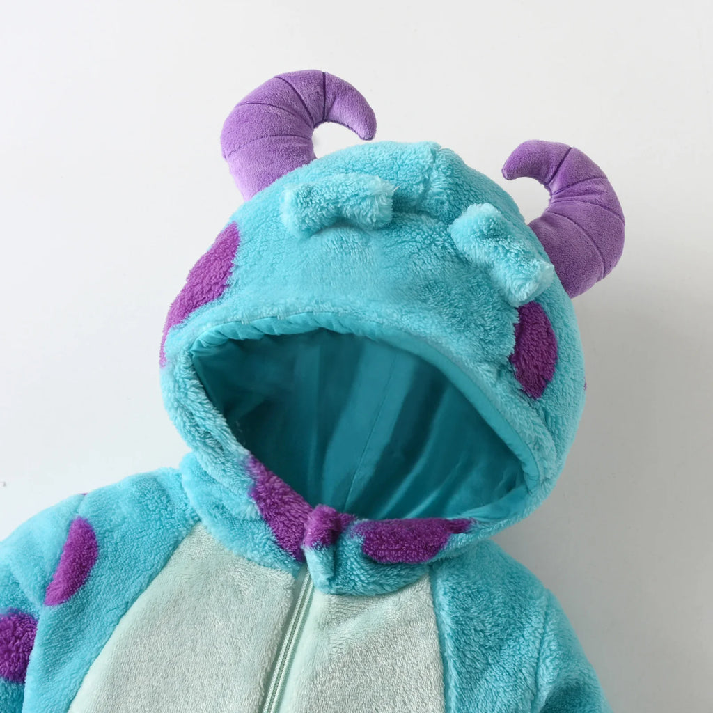 Infant Fleece Jumpsuit Cartoon Animal Horn Hooded Warm Thicken Winter Rompers Outwear Snowsuit for Baby Girls and Boys