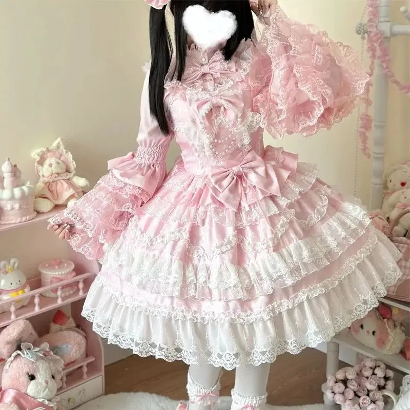 2025 New Victorian Sweet Lolita Dress Women Kawaii Cute Lace Ruffles Flower Wedding Bow Japanese Retro Elegant Princess Dresses