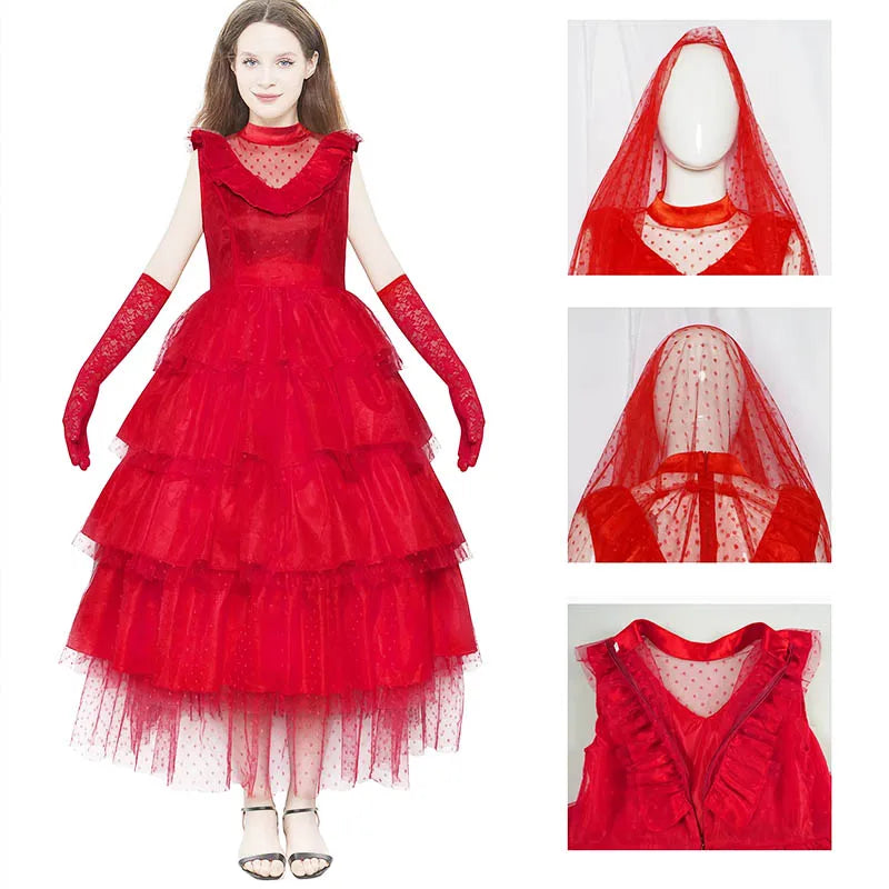 Gothic Red Wedding Dress Costume with Veil & Gloves