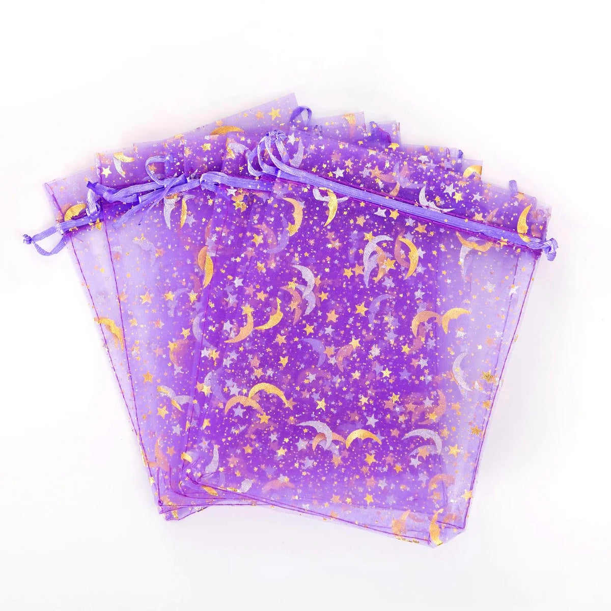 50PCS Moon Stars Drawstring Organza Bags Jewelry Gift Bags Pouches Gold Star Organza Favor Pouches for Christmas Wedding