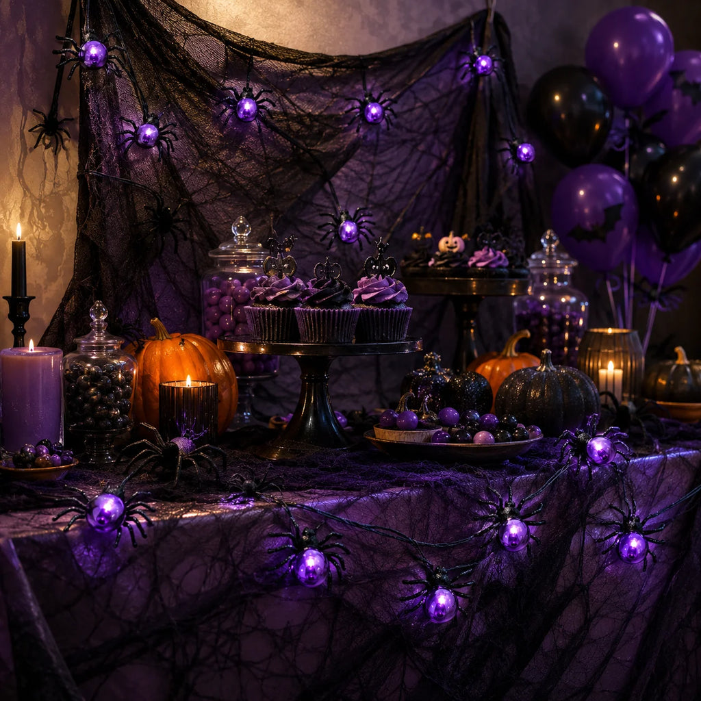 Halloween Lights Spider String Lights Battery Operated 5.2M 15LED Purple Fairy Garland for Porch Window Haunted House Decor