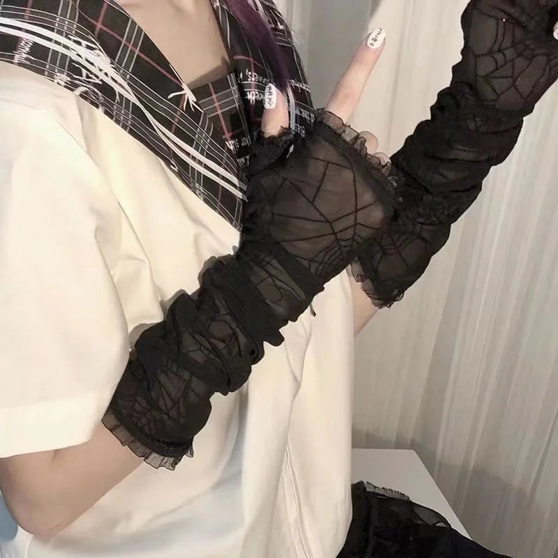 Gothic Lolita Girls Black Spider Web Cross Gloves Punk Harajuku Halloween Cosplay Women Half Finger Fingerless Lace Mesh Mittens