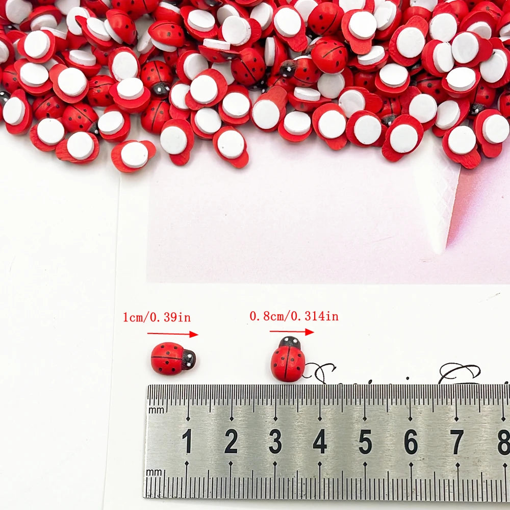 100pcs Wooden Mini Ladybugs Stickers, 8x11mm Self Adhesive Red Painted DIY Craft Scrapbooking Home Garden  Party Decoration